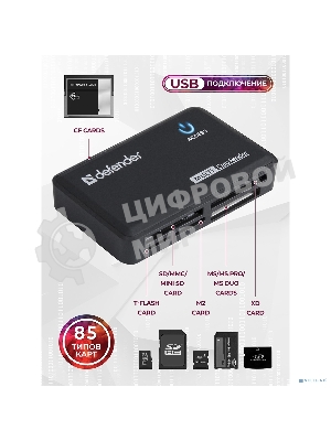 Кард-ридер Defender Optimus/черный/CF/MMC/MS/MS Duo/MS Micro M2/MS Pro/MS Pro Duo/RS-MMC/SD/SDHC/micro-SD/mini-SD/miсro-SDHC/USB 2.0 A(M)/черный
