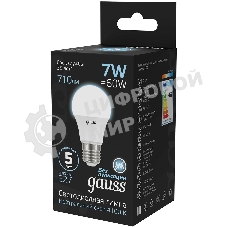 Лампа светодиодная Gauss 7Вт цок.:E27 шар 220B 4100K св.свеч.бел.ней. A60 (упак.:10шт) (102502207)