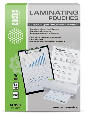 Пленка для ламинирования Cactus 60мкм A4 (100 шт) глянцевая 216x303 мм CS-LPGA460100