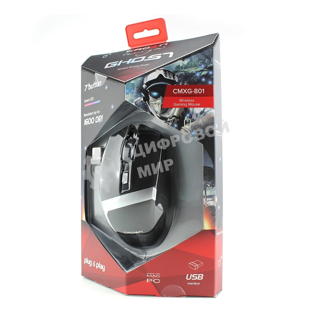 Мышь беспроводная Crown Gaming CMXG-801 черный, 1600 dpi, радиоканал, USB, кнопки - 7