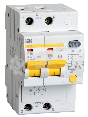 Выключатель автоматический дифференциального тока 2п C 10А 30мА тип AC 4.5кА АД-12 IEK MAD10-2-010-C-030