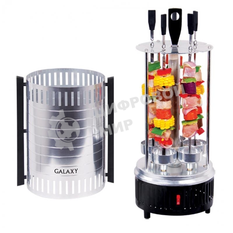 Шашлычница электрическая Galaxy Line GL 2610, серый, 1000 Вт, 5 шампуров из высококачественной нержавеющей стали, автоматическое вращение шампуров на 360°, долговечный керамический нагревательный элемент, защитный кожух из пищевого алюминия