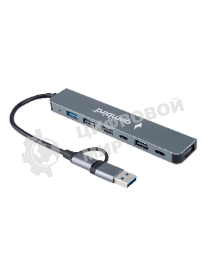 Разветвитель USB3.0/2.0 Gembird UHB-C445, USB3.0, 4хUSB2.0, Type-C, с доп.питанием (порт Type-C), кабель Type-C/USB 17см, алюминий, коробка