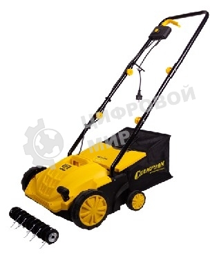 Скарификатор электрический Champion ESC1532 Мощность двигателя 1500 Вт, Напряжение сети 230,50 В, Гц, Вес c травосборником 9,3 кг, Ширина обработки 320 мм, Высота аэрации -4/0/+4/+12 мм, Высота скарификации -12/-8/-4/+4 мм, Тип/объем травосборника ткань/3