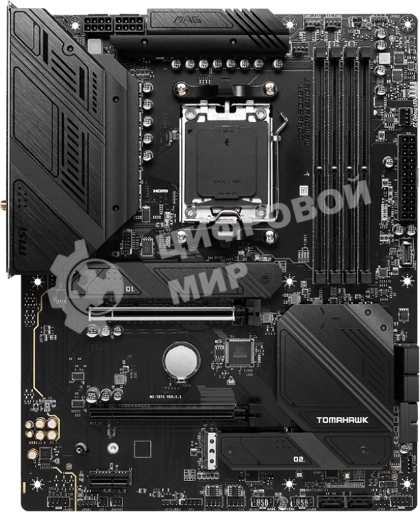 Материнская плата MSI MAG B650 TOMAHAWK WIFI, AM5, AMD B650, 4xDDR5, 6xSATA, 3xM.2, 1xPCI-E 4.0 x16, 1xPCI-E 4.0 x2, 1xHDMI, 1xDisplayPort, 1xUSB Type-C, 1x2.5Gb LAN, 2xUSB-A 2.0, 3xUSB-A 3.2 Gen 1, 3xUSB-A 3.2 Gen 2, 5x3.5 мм, 7.1, Standard-ATX