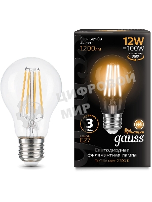 Лампа cветодиодная Gauss Filament А60 12W 1200lm 2700К Е27 LED 1/10/40