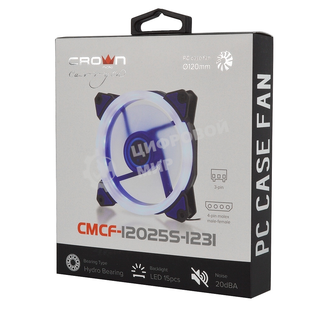 Вентилятор для корпуса Crown CMCF-12025S-1231 черный/синий, 120 мм, 1650 об/мин, 23 дБ, 3 pin