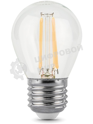 Лампа светодиодная филаментная Gauss 9Вт цок.:E27 шар 220B 2700K св.свеч.бел.теп. G45 (упак.:10шт)