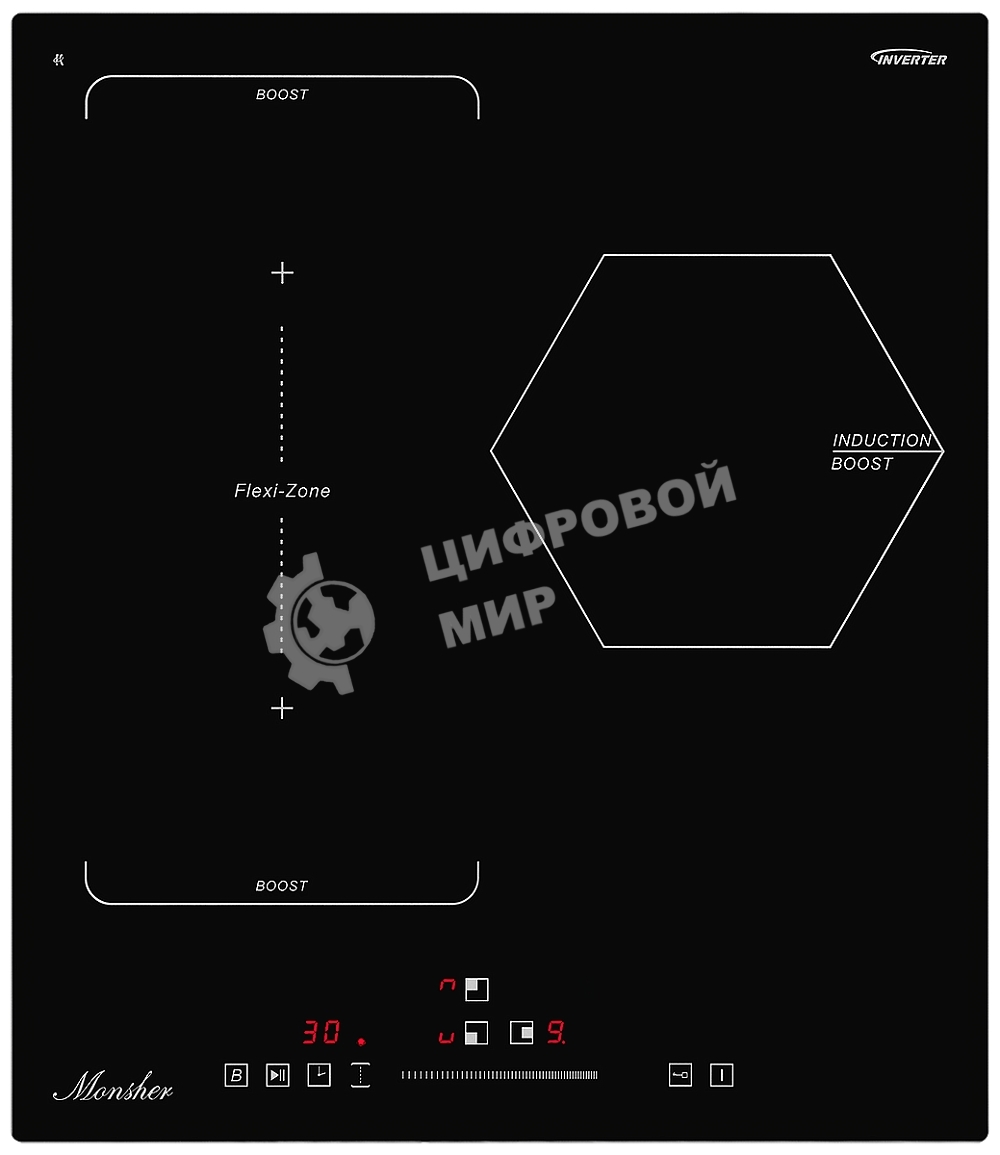 Индукционная варочная панель Monsher, инвертер, слайдерное управление, автоматическое отключение, блокировка панели управления, индикация остаточного тепла, 9 уровней мощности, Stop and Go, Booster, таймер, черный