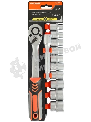 Набор торцовых головок PATRIOT SSR-1/2, CrV сталь, трещотка, удлинитель, 12 предм.Тороцовые головки 10 шт: 10,11,12,13,14,15,17,19,22,24мм удлинитель 125мм 1шт трещотка 72 зуба 1 шт