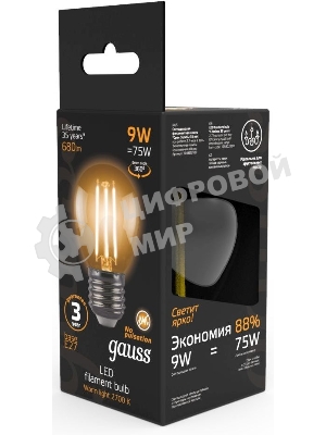 Лампа светодиодная филаментная Gauss 9Вт цок.:E27 шар 220B 2700K св.свеч.бел.теп. G45 (упак.:10шт)