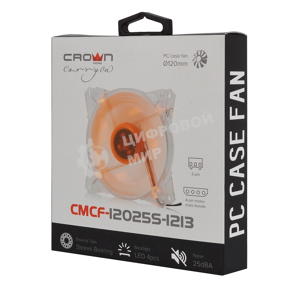 Вентилятор для корпуса Crown CMCF-12025S-1213 прозрачный/оранжевый, 120 мм, 1650 об/мин, 28 дБ, 3 pin