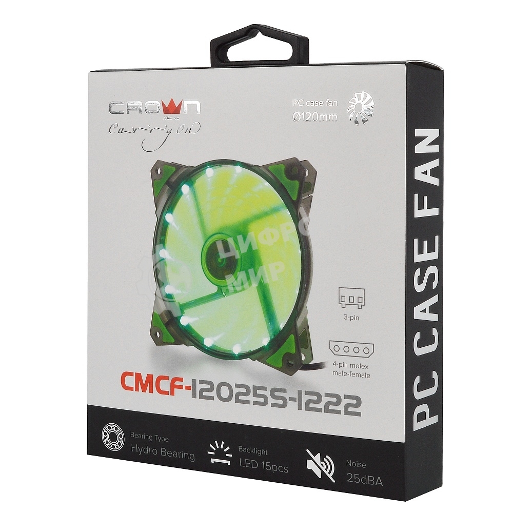 Вентилятор для корпуса Crown CMCF-12025S-1222 черный/зеленый, 120 мм, 1650 об/мин, 28 дБ, 3 pin
