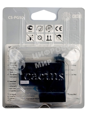 Картридж струйный Cactus CS-PG50 черный (18 мл) для Canon Pixma MP150/MP160/MP170/MP180/MP450/MP460/iP2200/MX300/MX310/JX200/JX210/JX210p/JX500/JX510/JX510P