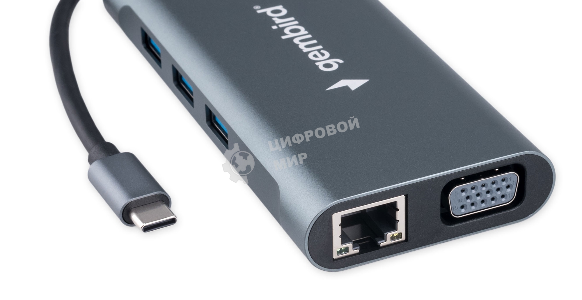 Концентратор USB Type-C Gembird UHB-D4, 10в1: 3xUSB3.1, Type-C PD87W, Jack 3.5, SD/TF, HDMI, RJ45, VGA, кабель 15 см, алюминий