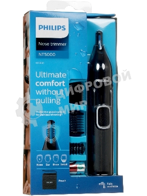 Триммер Philips для носа и ушей, черный, корпус - пластик, 3 насадки-гребня, насадка - триммер, щеточка для очистки, мягкий чехол, батарейка