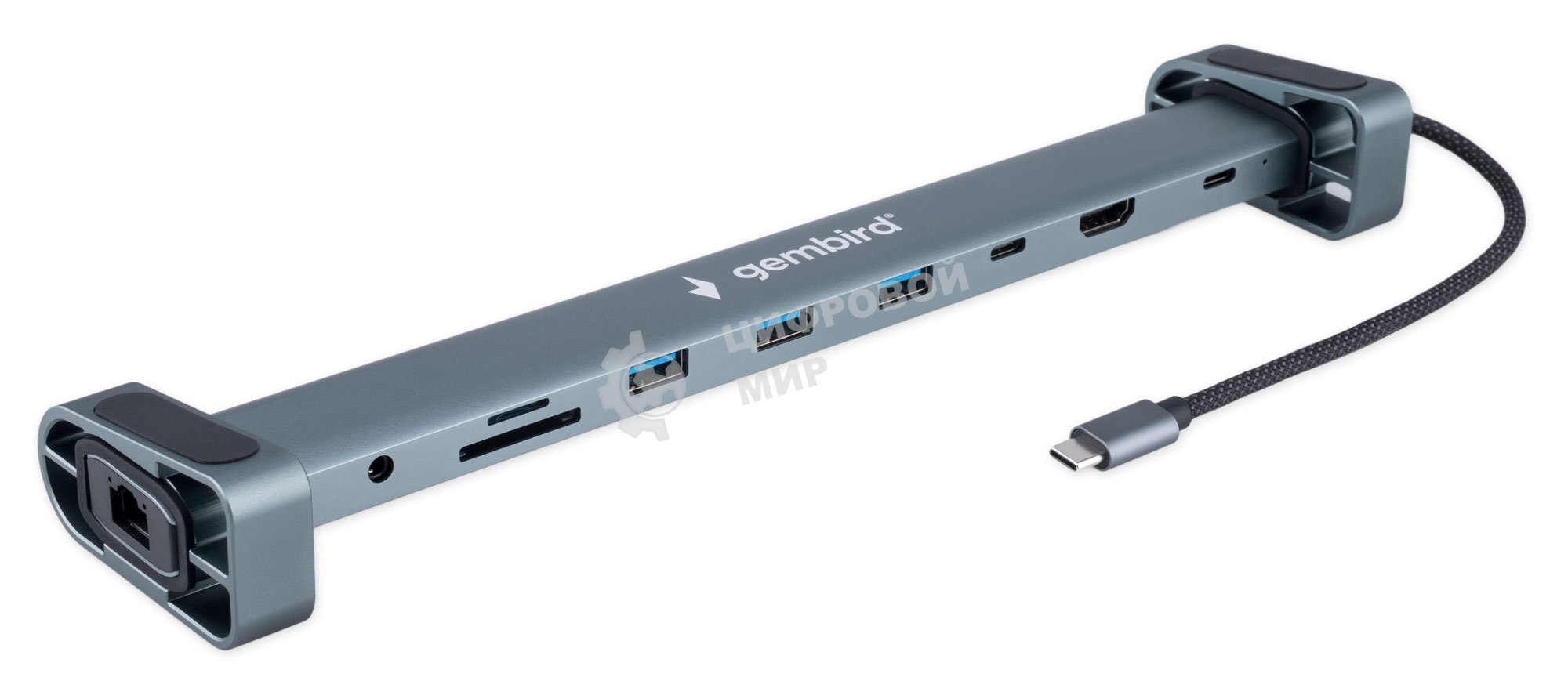 Концентратор USB Type-C Gembird UHB-D5, 10в1: 3xUSB3.1, Type-C PD87W, Jack 3.5, SD/TF, HDMI, RJ45, Type-C, кабель 14см, алюминий