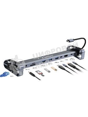 Концентратор USB Type-C Gembird UHB-D5, 10в1: 3xUSB3.1, Type-C PD87W, Jack 3.5, SD/TF, HDMI, RJ45, Type-C, кабель 14см, алюминий