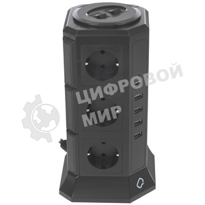 Сетевой фильтр Qumo Power Tower Pro 12SP5U (P-0001), 12 розеток, 2200 Вт, 10A, кабель 2 м 3*1 мм чистая медь, пожаробезопасный пластик, евровилка, 5 USB портов 4.5A суммарно