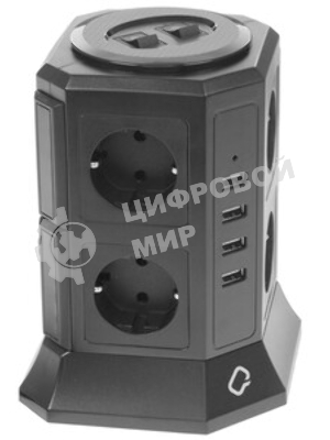 Сетевой фильтр Qumo Power Tower Pro 8SP4U (P-0002), 8 розеток, 2200 Вт, 10A, кабель 2 м 3*1 мм чистая медь, пожаробезопасный пластик, евровилка, 4 USB порта 4.5A суммарно