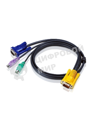 Шнур, мон+клав+мышь PS/2, SPHD15=>HD DB15+2x6MINI-DIN ATEN (2L-5202P) Male-3xMale, 8+6+6 проводов, опрессованный, 1.8 метр., черный