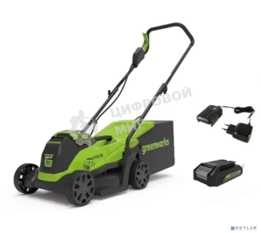 Газонокосилка аккумуляторная GreenWorks GD24LM33k4, 24v, 33 см, 1хАКБ 4А·ч и ЗУ (2516107UB)