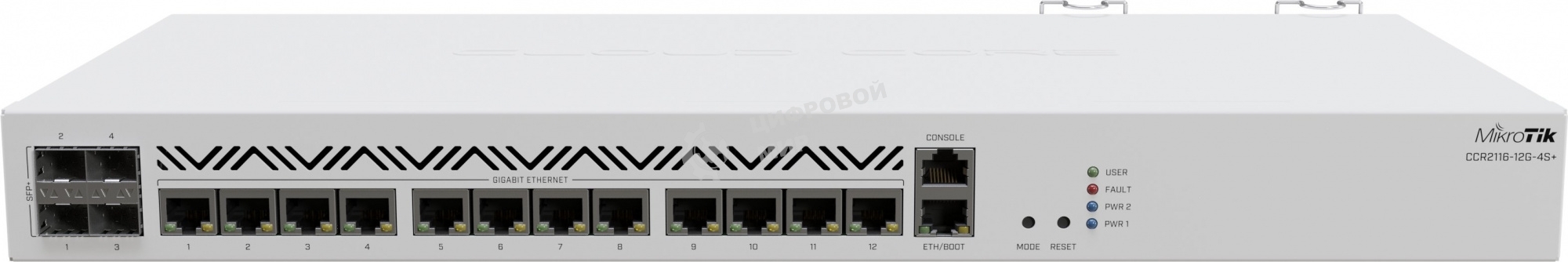 Маршрутизатор Mikrotik CCR2116-12G-4S+ Cloud Core Router 2116-12G-4S+ with Amazon Annapurna Labs Alpine v3 AL73400 CPU (16-cores, 2GHz per core), 16Gb RAM, 4xSFP+ cage, 13xGbit LAN, M.2 PCIe slot, RouterOS L6, 1U rackmount case, Dual PSU