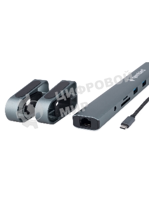 Концентратор USB Type-C Gembird UHB-D5, 10в1: 3xUSB3.1, Type-C PD87W, Jack 3.5, SD/TF, HDMI, RJ45, Type-C, кабель 14см, алюминий