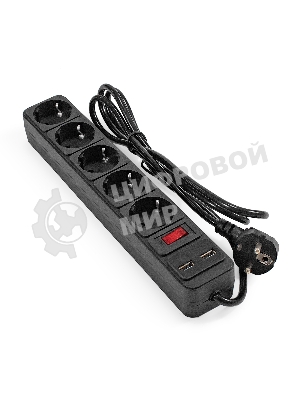 Сетевой фильтр-удлинитель с USB зарядкой ExeGate SP-5-USB-1.8B (5 евророзеток с заземлением, 2 USB-A 2A, 1.8 м, защита от перегрузки, выключатель с подсветкой, черный)
