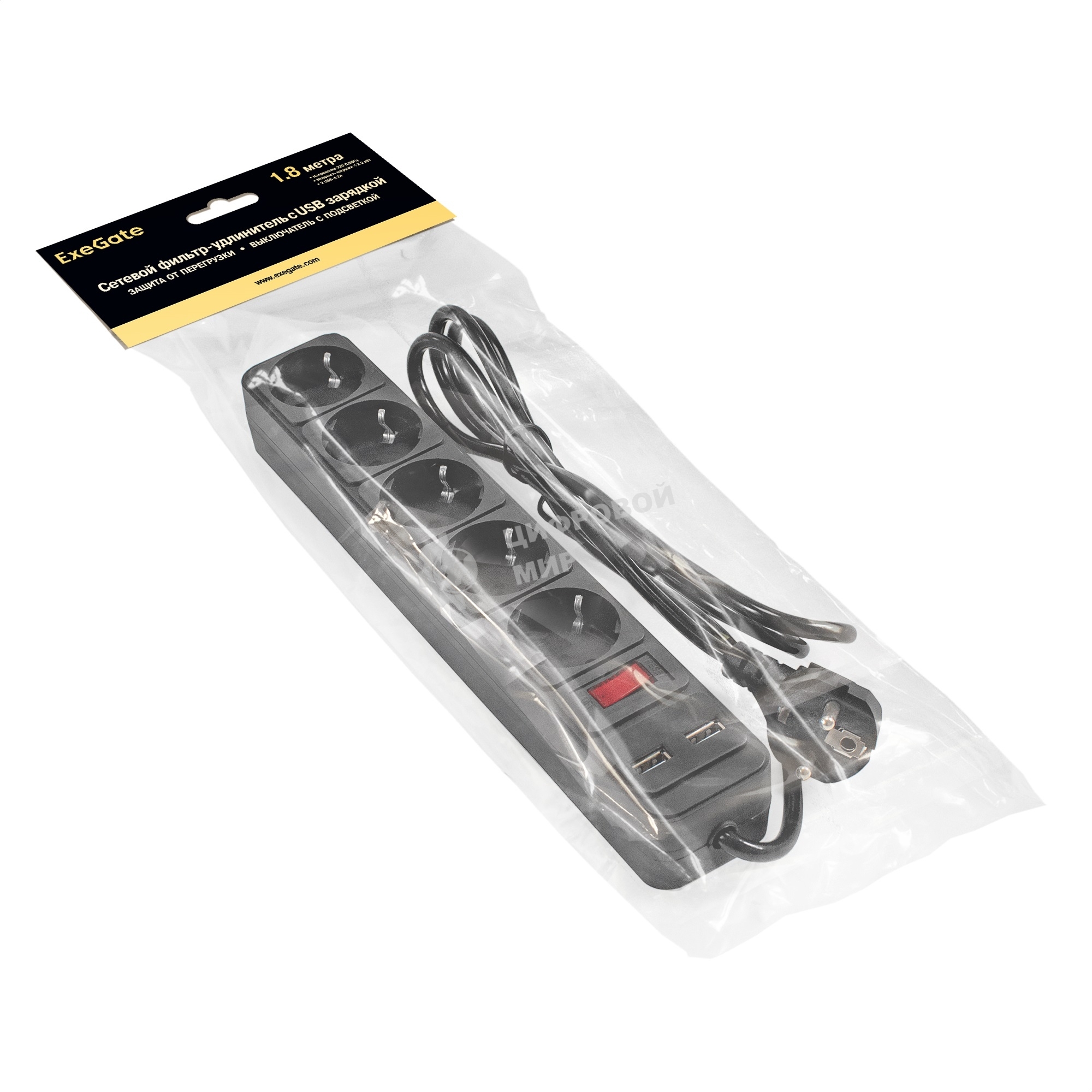 Сетевой фильтр-удлинитель с USB зарядкой ExeGate SP-5-USB-1.8B (5 евророзеток с заземлением, 2 USB-A 2A, 1.8 м, защита от перегрузки, выключатель с подсветкой, черный)