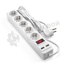 Сетевой фильтр-удлинитель с USB зарядкой ExeGate SP-5-USB-1.8W (5 евророзеток с заземлением, 2 USB-A 2A, 1.8 м, защита от перегрузки, выключатель с подсветкой, белый)
