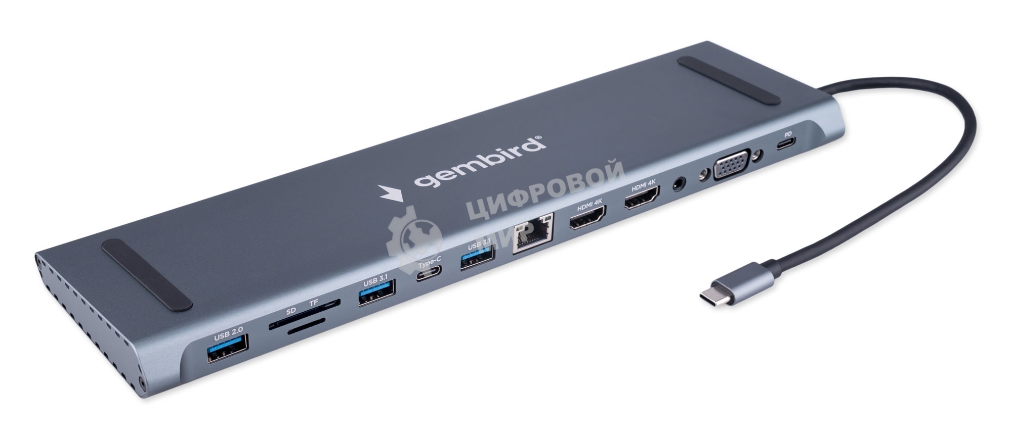 Концентратор USB Type-C Gembird UHB-D6, 12в1: 2xUSB3.1, USB2.0, RJ45, Type-C PD87W, Jack 3.5, SD/TF, 2xHDMI, VGA, Type-C, кабель 23см, алюминий