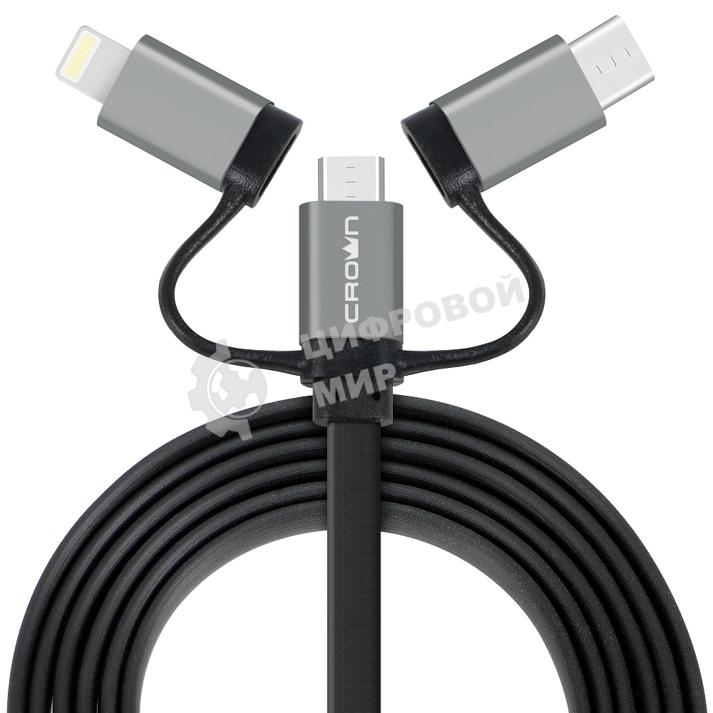 Кабель Crown USB - microUSB/USB Type-C/Lightning CMCU-3182 черный