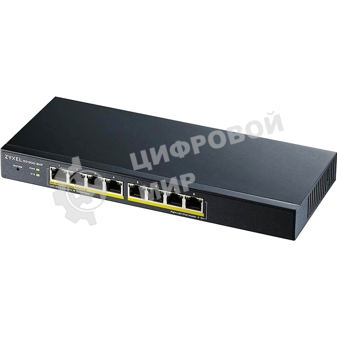 Коммутатор Smart L2 PoE+ Zyxel GS1900-8HP, 8xGE PoE+, настольный, бесшумный, бюджет PoE 70 Вт