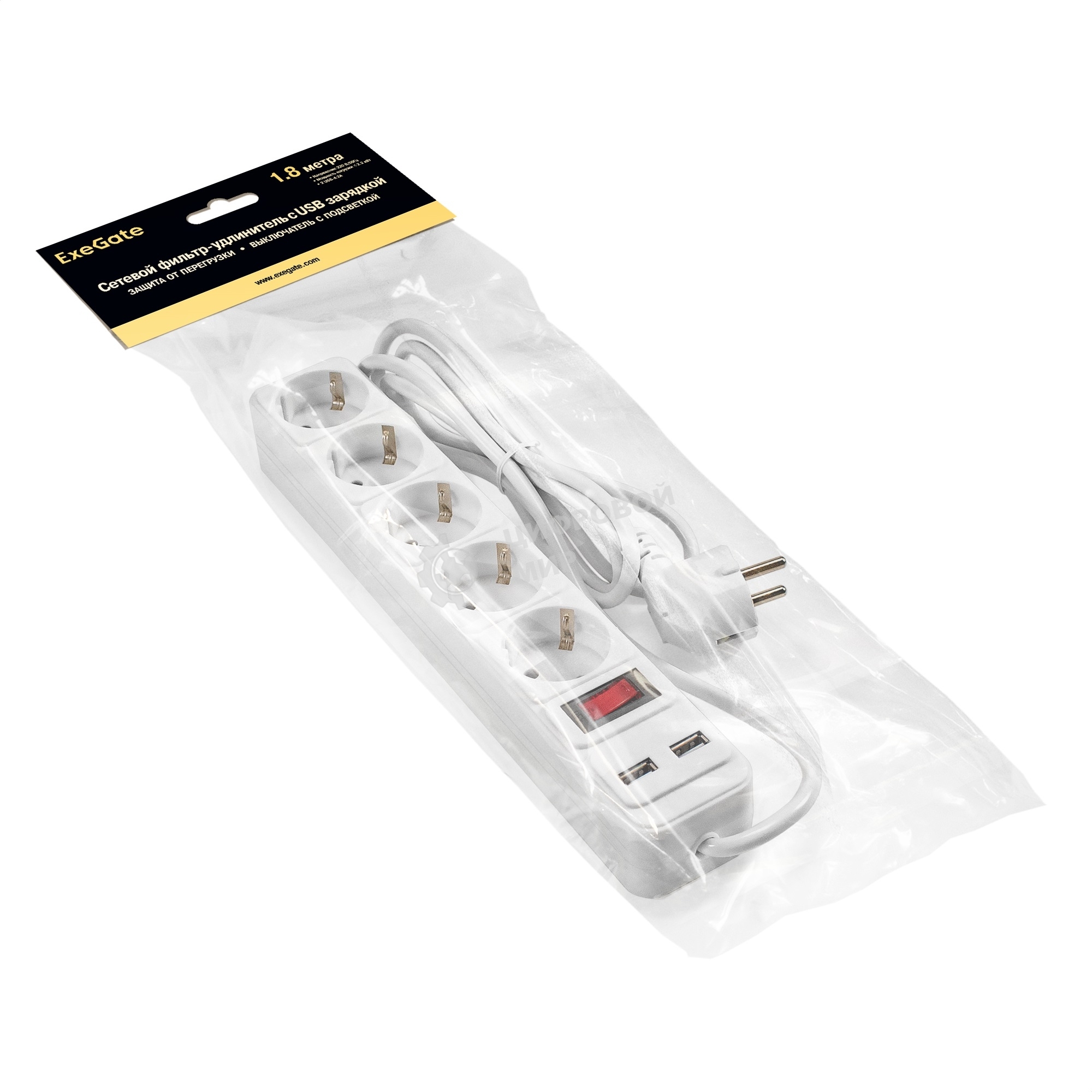 Сетевой фильтр-удлинитель с USB зарядкой ExeGate SP-5-USB-1.8W (5 евророзеток с заземлением, 2 USB-A 2A, 1.8 м, защита от перегрузки, выключатель с подсветкой, белый)