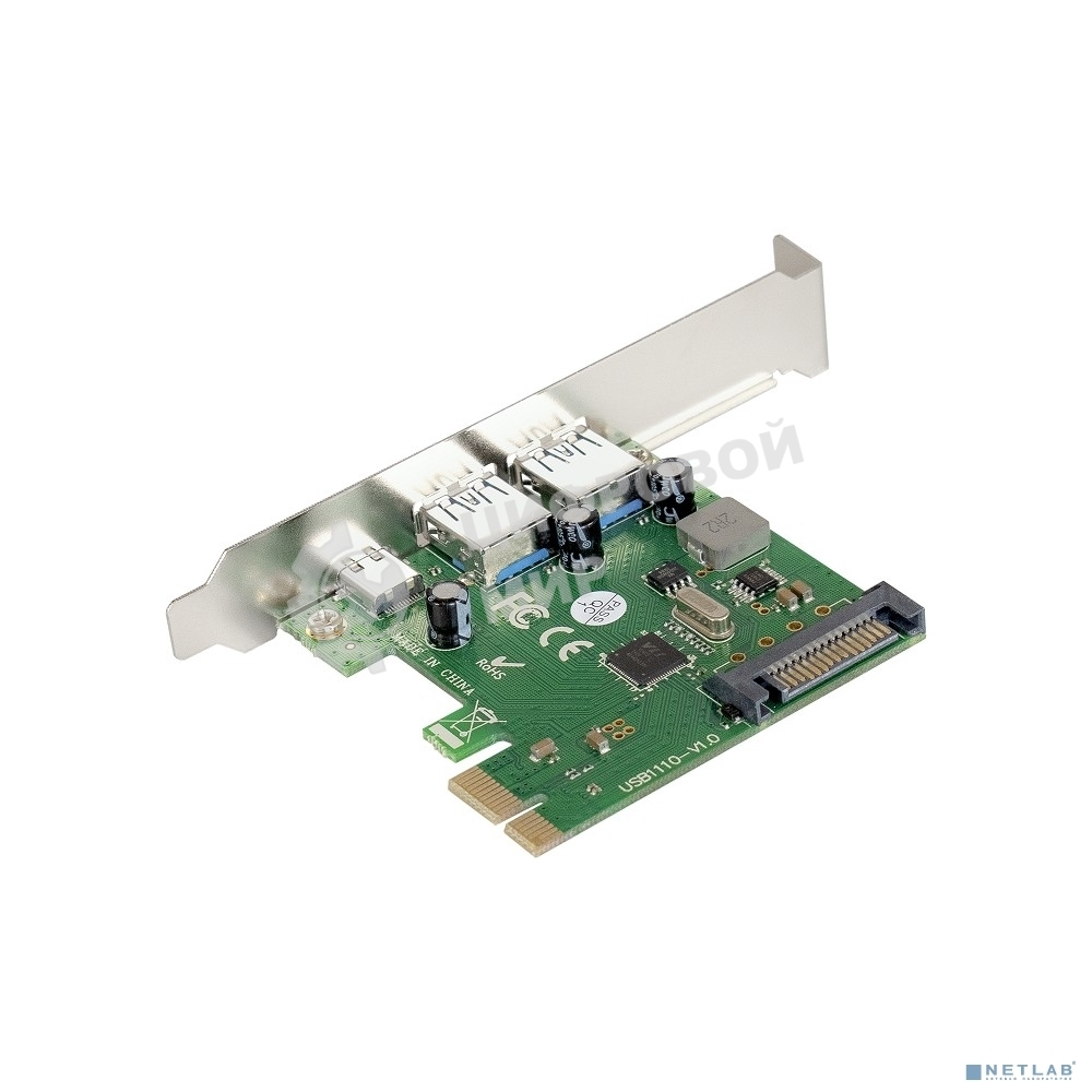Контроллер ExeGate EXE-323 PCI-E 2.0, 2*USB 3.0 ext + 1*Type-C, разъем доп.питания (OEM)