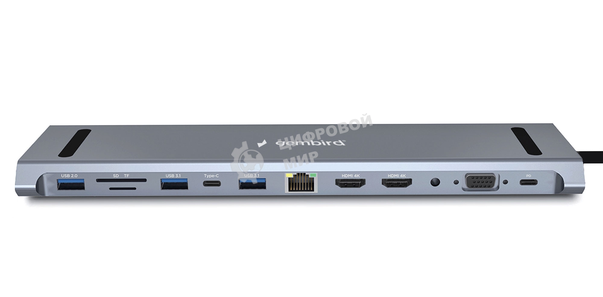 Концентратор USB Type-C Gembird UHB-D6, 12в1: 2xUSB3.1, USB2.0, RJ45, Type-C PD87W, Jack 3.5, SD/TF, 2xHDMI, VGA, Type-C, кабель 23см, алюминий