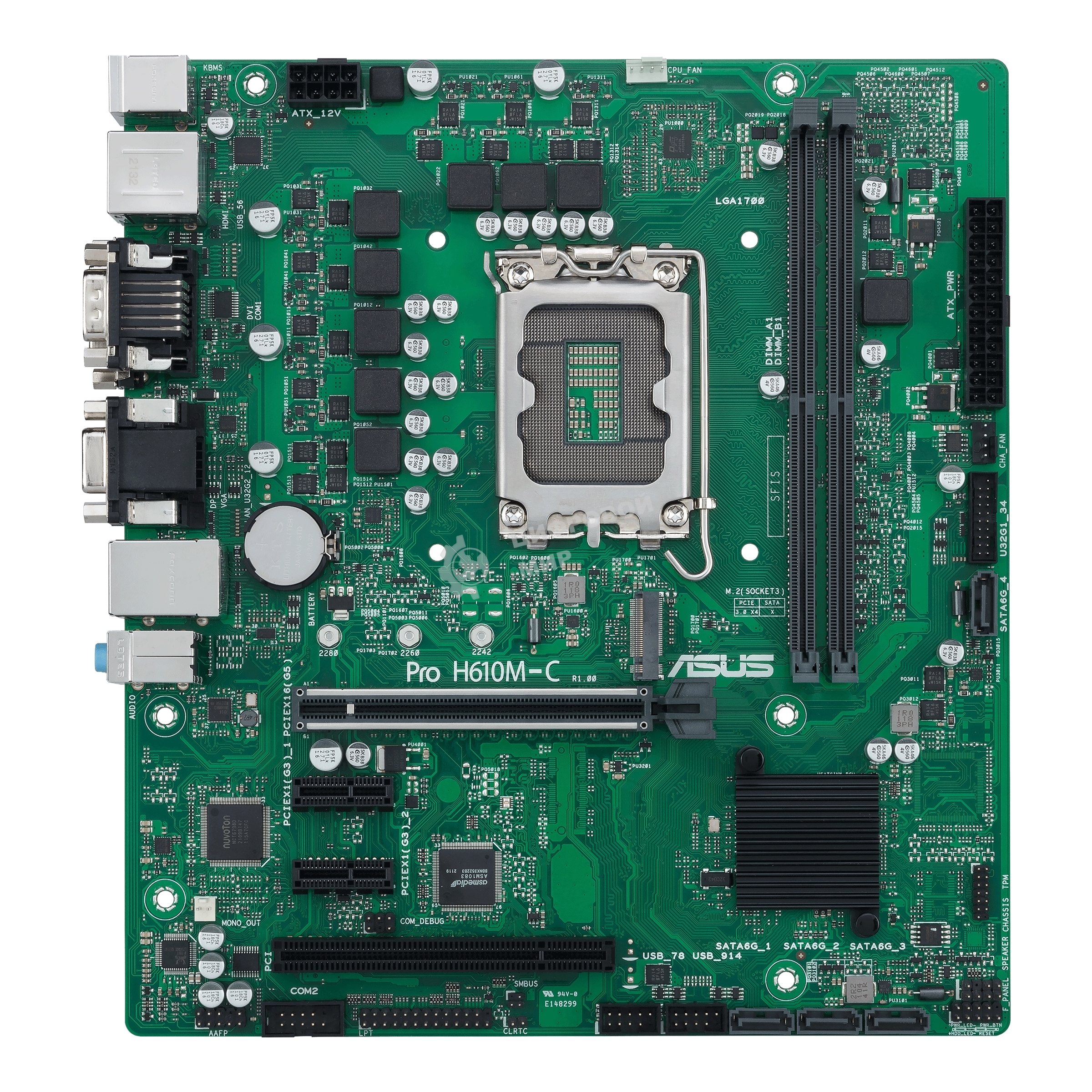 Материнская плата ASUS Pro H610M-C-CSM, LGA 1700, Intel H610, 2xDDR5, 4xSATA, 1xM.2, 1xPCIe 5.0 x16, 2xPCIe x1, 1xPCI, 1xHDMI, 1xDP, 1xDVI-D, 1xVGA, 1x 1Gb LAN, 2xUSB-A 3.2 Gen 2, 2xUSB-A 2.0, 3x3.5 мм, 7.1, mATX