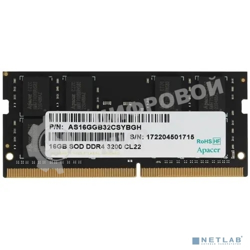 Оперативная память Apacer, DDR4, 16GB (1x16GB), 3200MHz, CL22, SO-DIMM