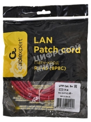 Патч-корд UTP Cablexpert cat.5e, 3м, литой, многожильный, красный