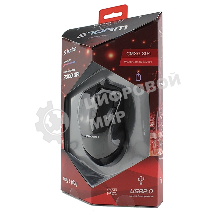 Мышь проводная Crown Gaming CMXG-804 черный, 2000 dpi, USB, кнопки - 9