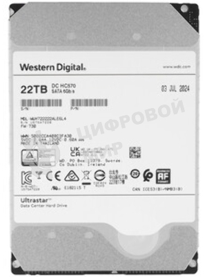 Жесткий диск HDD WD SATA Server 22Tb Ultrastar DC HC570 7200 6Gb/s 512MB 1 year warranty (replacement WUH722222ALE6L4)