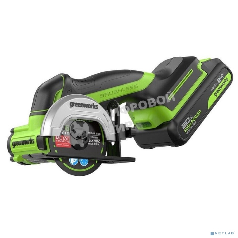 Угловая шлифовальная машина аккумуляторная GreenWorks GD24UCS, 24V, б/щет, 20000 об/мин,76 мм, рез 18 мм,1х2Ач,ЗУ,кор 3402007CUA