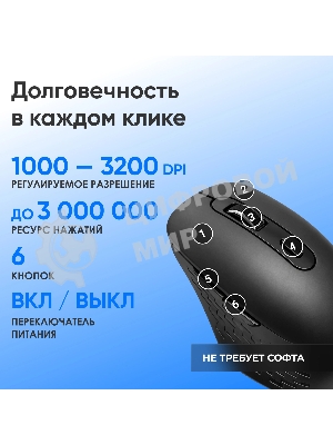 Мышь Оклик 417MW черный оптическая 3200dpi silent беспров. BT/Radio USB 6but (1677300)