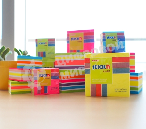 Блок самоклеящийся бумажный Stick`n 21537 76x76 мм, 400 листов, 70 г/м2, неон+пастель, 5 цветов в упаковке