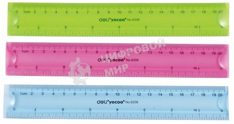 Линейка Deli E6208, пластик, длина 20см, ассорти, гибкая / двухсторонняя шкала