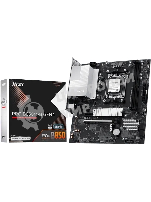 Материнская плата MSI PRO B850M-B GEN4, AM5, AMD B850, 2xDDR5 (до 128 ГБ), 4xSATA, 2xM.2 (1xPCIe 5.0, 1xPCIe 4.0), 1xPCIe 4.0 x16, 1xPCIe x1, 1xHDMI, 1xDP, 1x2.5Gb LAN, 1xUSB-C 5Gbps, 3xUSB-A 5Gbps, 2xUSB-A 2.0, 3x3.5 мм, 7.1, чёрный/серебристый, mATX