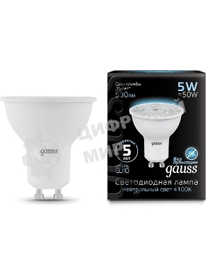 Лампа светодиодная Gauss черный 5Вт цок.: GU10 рефлек. 220B 4100K св. свеч. бел. ней. MR16 (упак.: 10 шт)