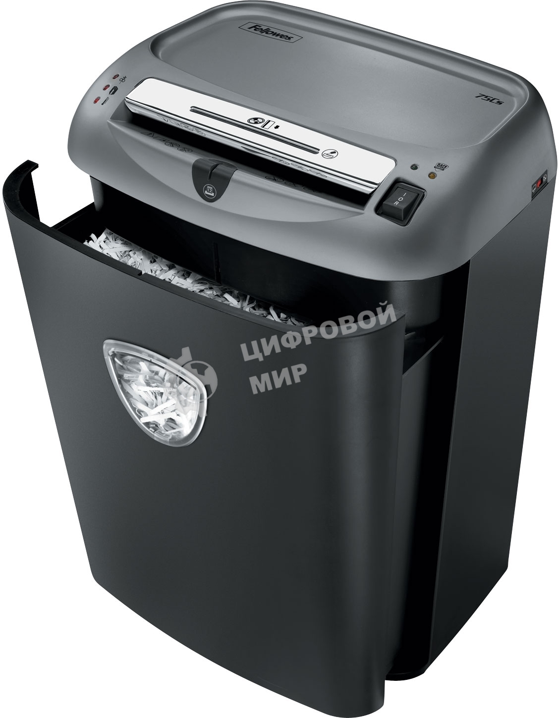 Шредер Fellowes Powershred 75Cs FS-46750 (FS-4675001/FS-4675002) авт., 3.9х50мм, 12лст., 27лтр., уничтожает: скобы, карты, скрепки, CD, селектор кол-ва листов