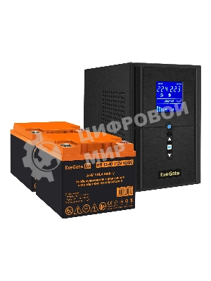 Комплект источника бесперебойного питания Exegate EX295987RUS + батарея 40Aч EX282979RUS 2шт (инвертор, синус, для котла) ExeGate SineTower SZ-1000.LCD.AVR.2SH.1C13.USB <1000VA/800W, чистый синусоида, LCD дисплей, AVR, 2*Schuko+1*C13, USB, линейно-интерактивный, черный> + батарея ExeGate HR 12-40 (12В, 40Ач) 2шт